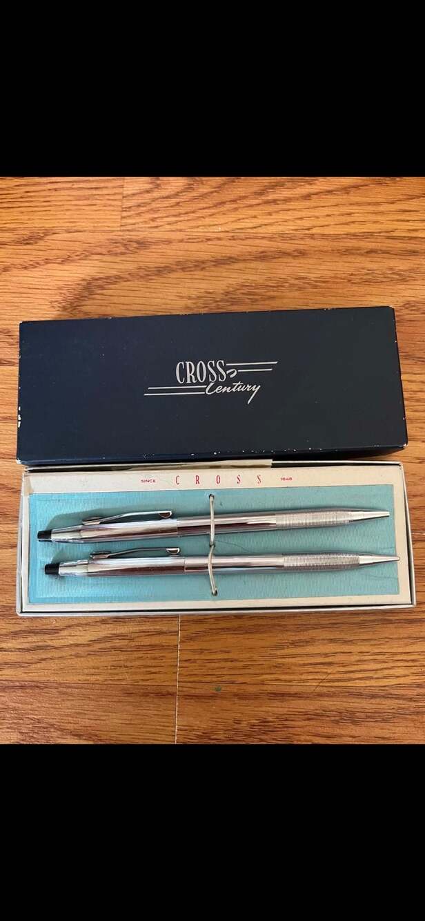 Vintage Cross #3501 Chrome Pen/Pencil Set in Original Box - Monogramed - e